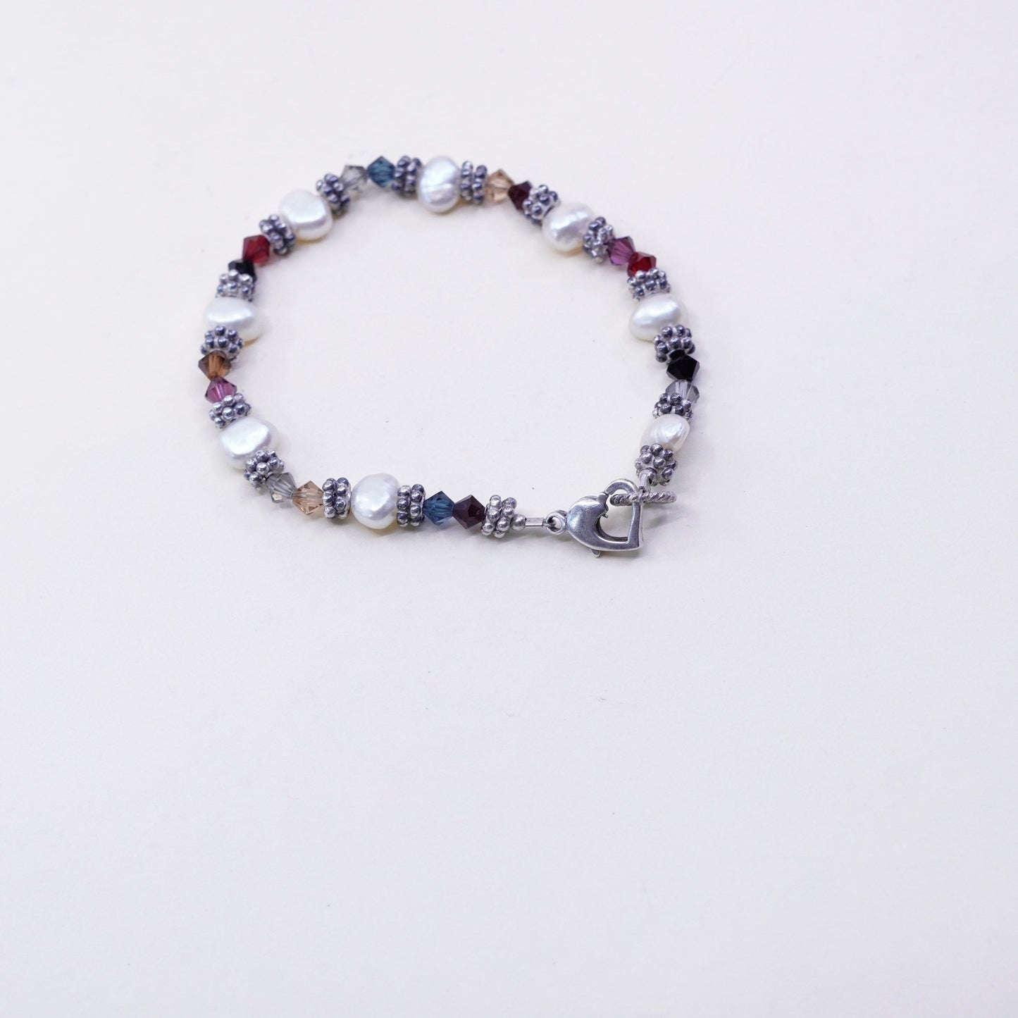6.5”, sterling silver handmade bracelet, 925 beads white pearl and crystal