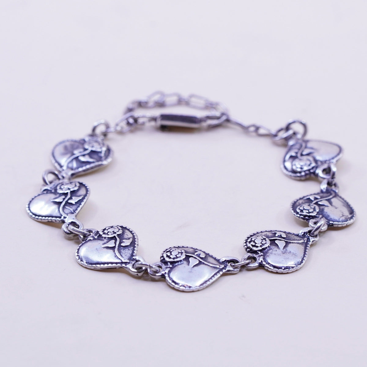 7.5”, Vintage sterling silver handmade bracelet, 925 heart chain with flower