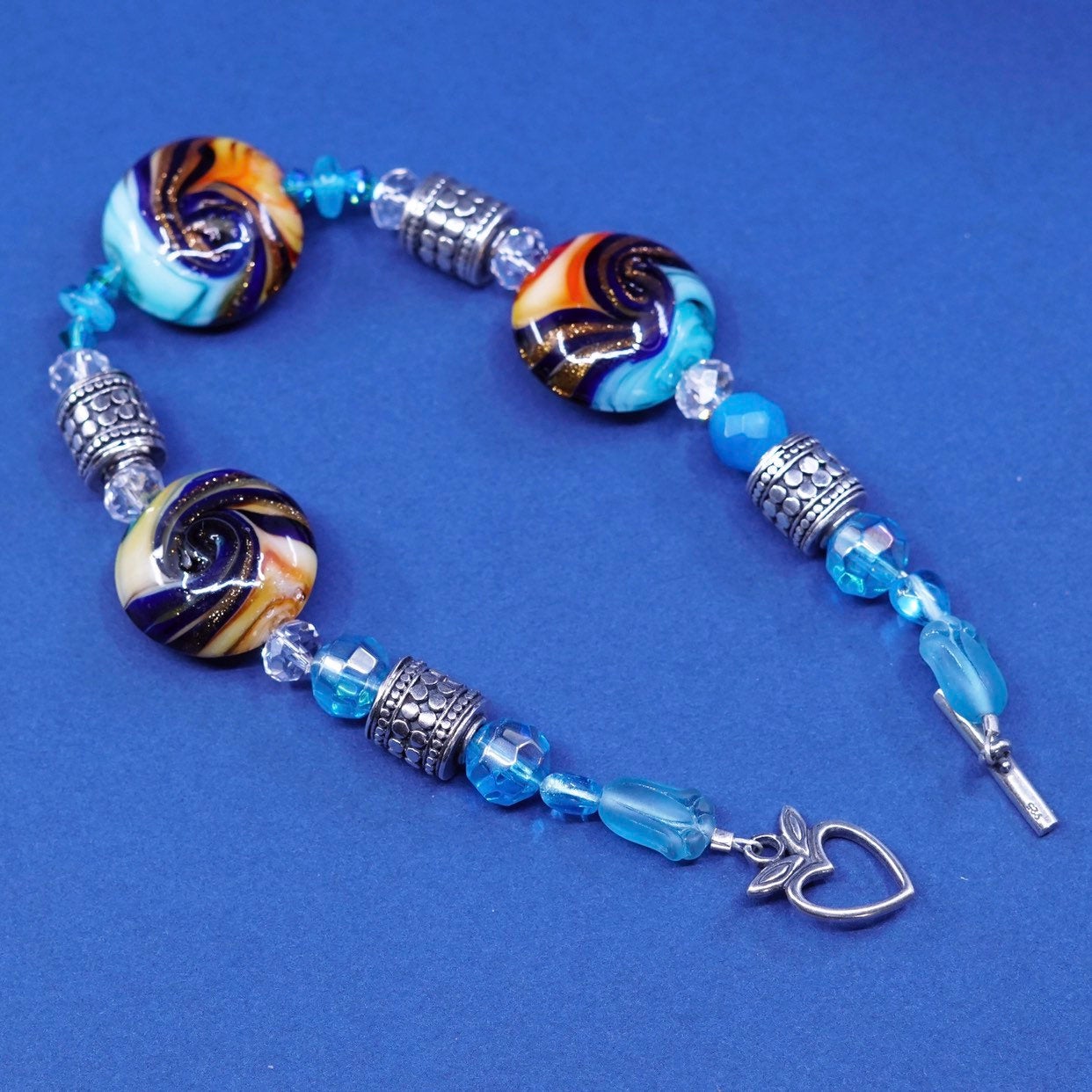 7.25", handmade sterling silver bracelet, 925 beads w/ foiled glass N heart