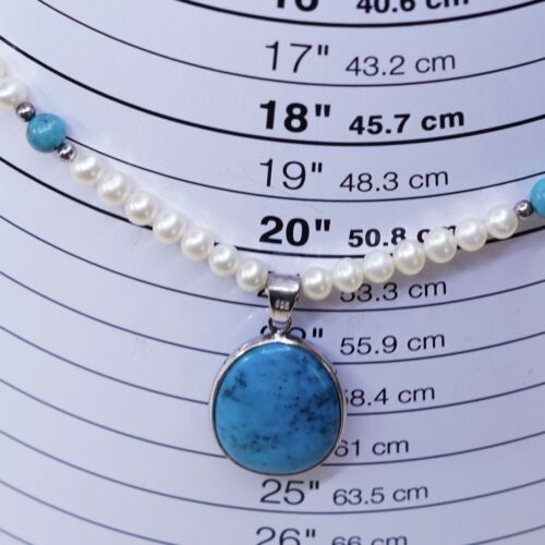 16”+2”, Vtg Sterling 925 silver handmade necklace W/ Pearl N Turquoise Pendant