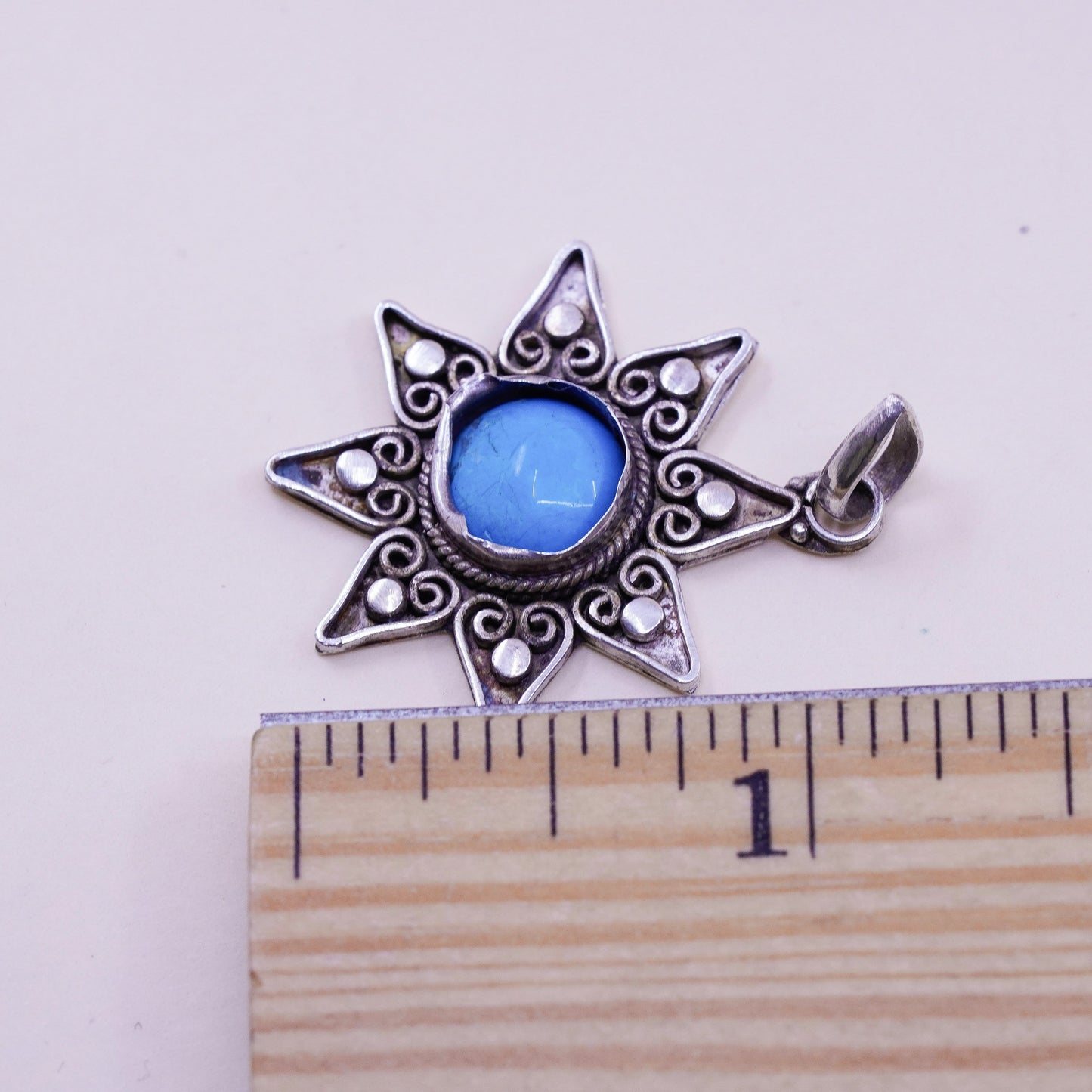 Vintage Sterling 925 silver handmade sun pendant with turquoise