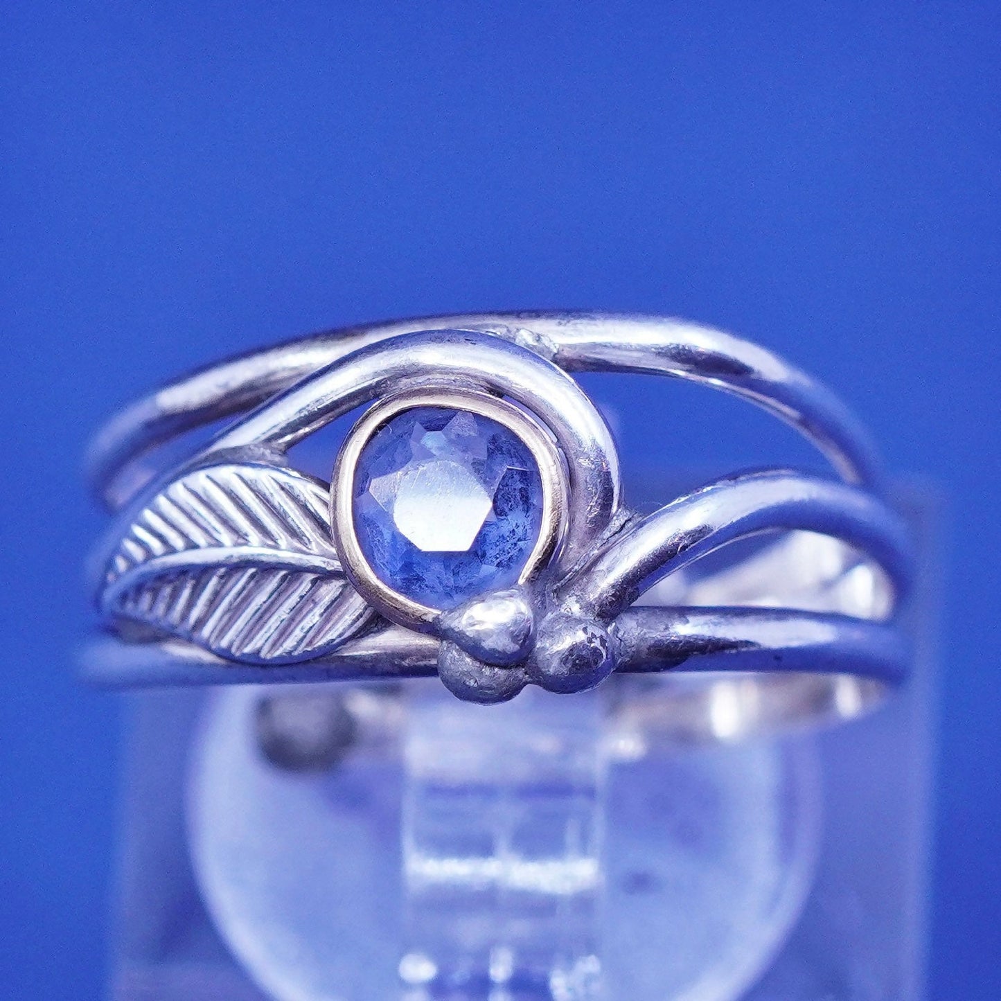 Size 5, two tone Sterling 925 silver handmade leaf ring topaz N 14K gold accent