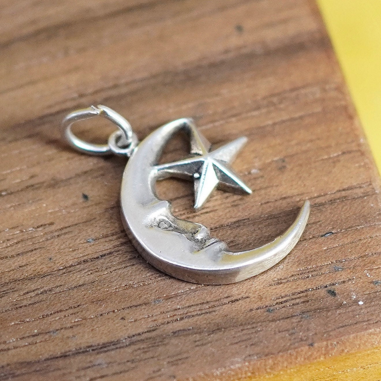 Vintage Sterling silver handmade pendant, 925 moon face star charm