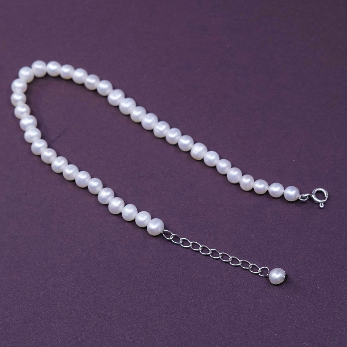 7.25”, vtg Sterling silver handmade bracelet, pearl beads chain w/ 925 clasp