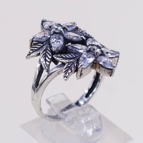 Size 8.25, Vtg Cadena Jewelry Sterling 925 Silver Handmade Flower Ring w/ Cz