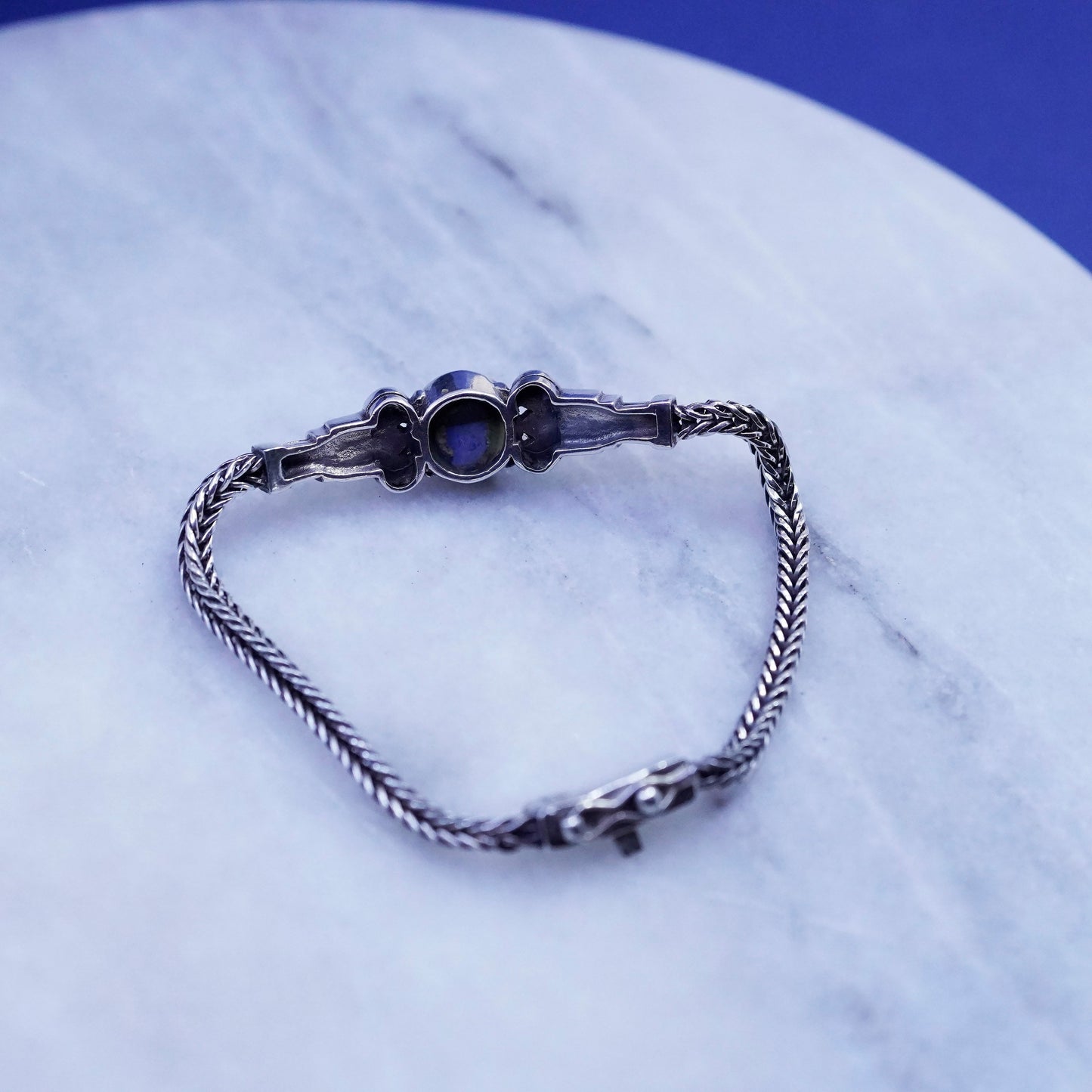 6.75”, vintage Sterling silver handmade bracelet, bold 925 wheat chain sodalite