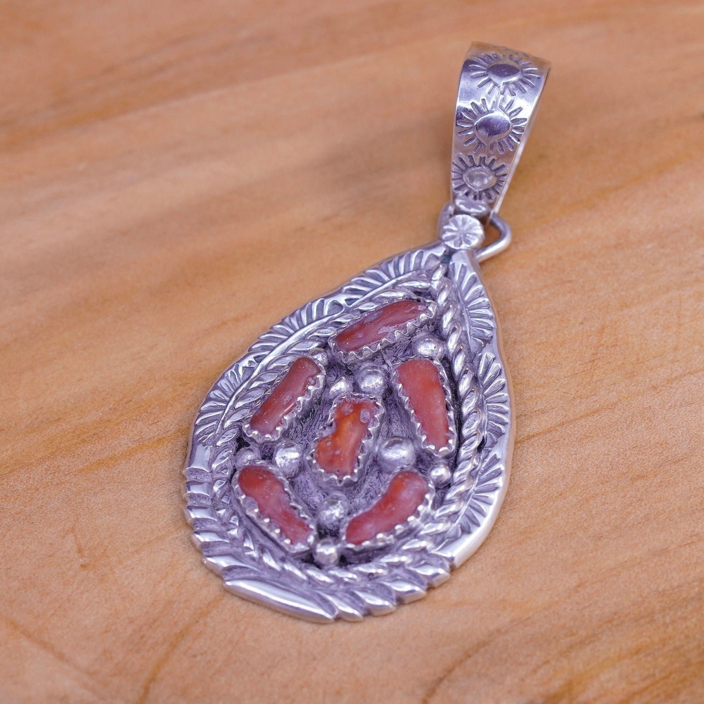 Native American sterling 925 silver teardrop pendent coral, southwestern Navajo