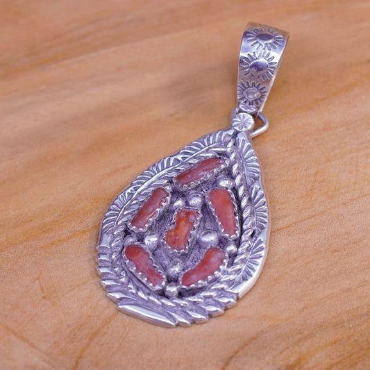 Native American sterling 925 silver teardrop pendent coral, southwestern Navajo