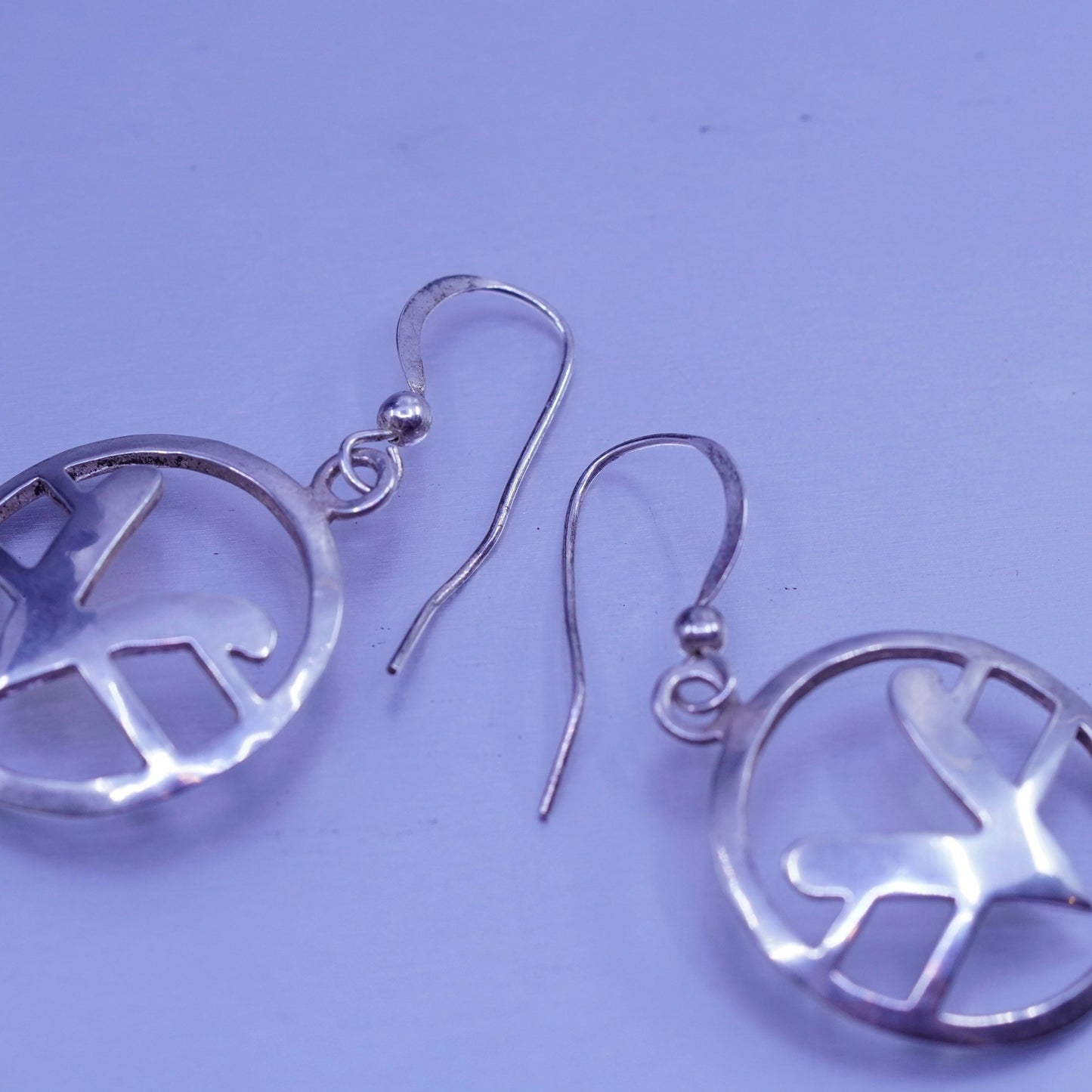 vintage Sterling silver handmade earrings, 925 circle dangles with initial “V”