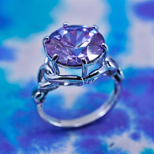 Size 7.75, vtg Sterling 935 silver handmade ring w/ mega shiny amethyst ring