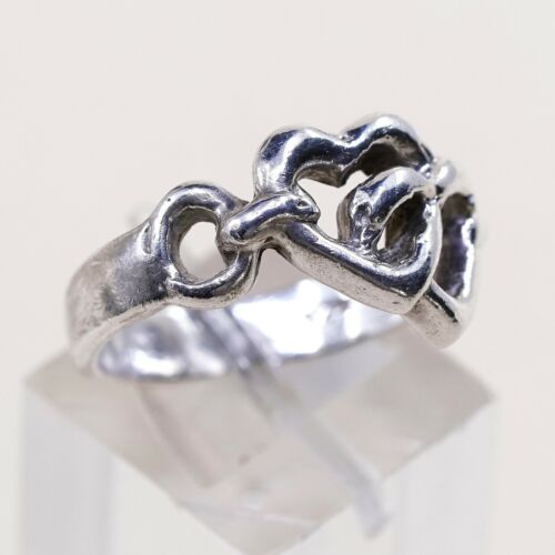 Size 8, Vtg Sterling Silver Handmade Ring, 925 Silver Band W/ Double Heart