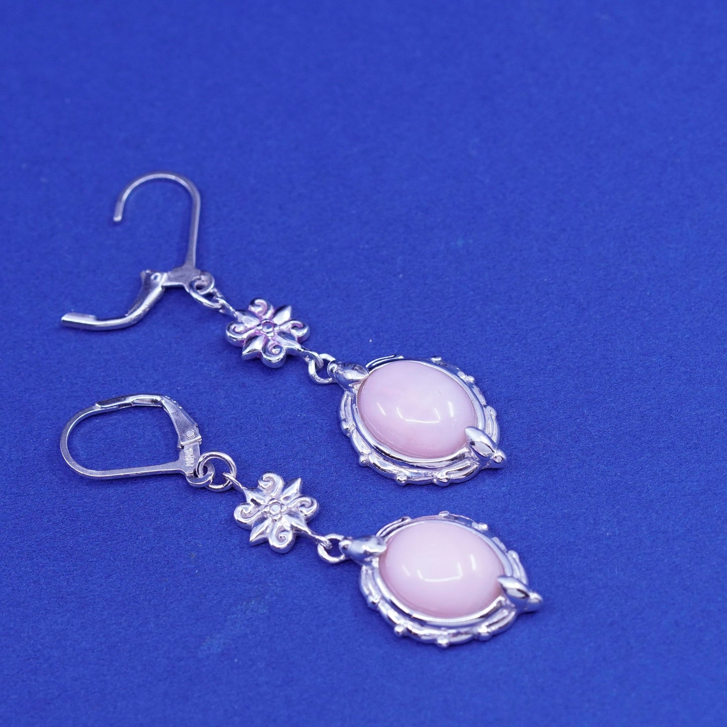 Vintage BBJ Sterling 925 silver handmade earrings with rose quartz and flower