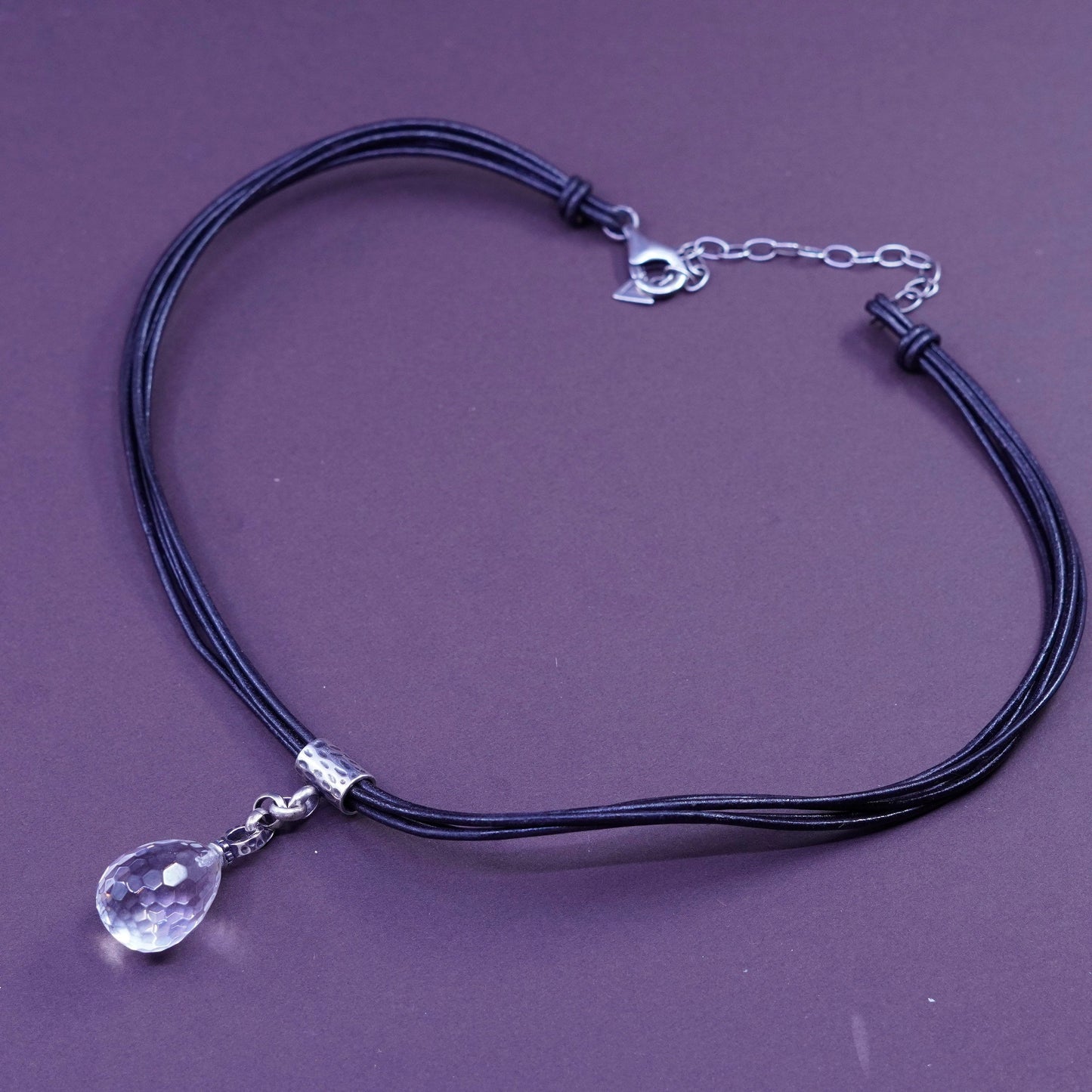 16+2” silpada black Leather necklace Sterling 925 Silver slide teardrop crystal