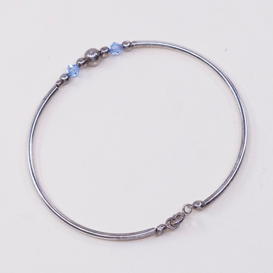 7", VTG sterling silver handmade bracelet, 925 bangle w/ beads N blue crystal