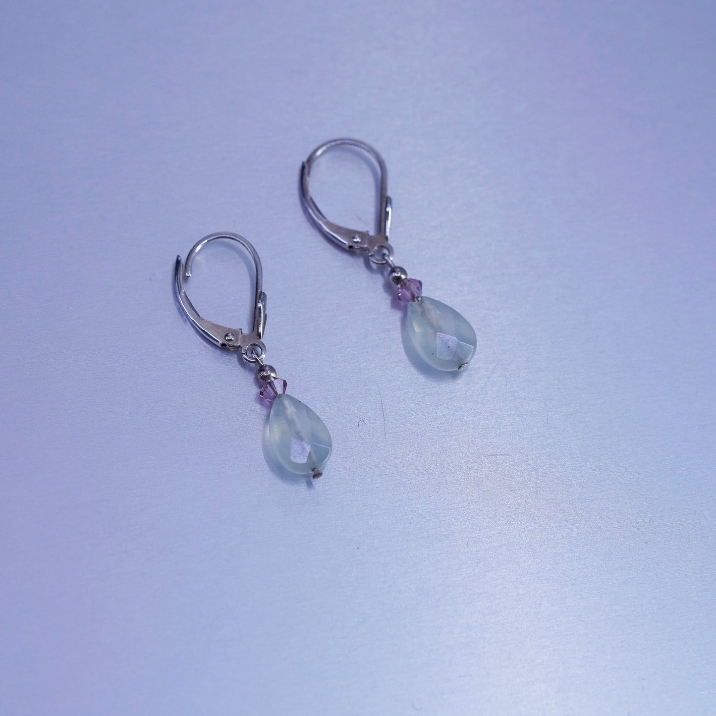vtg designer Sterling 925 silver handmade earrings teardrop prehnite amethyst