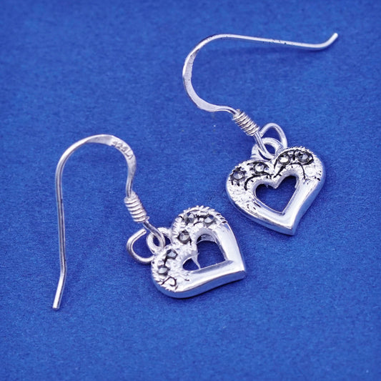 Vintage Sterling 925 silver handmade earrings with heart Dangle and marcasite