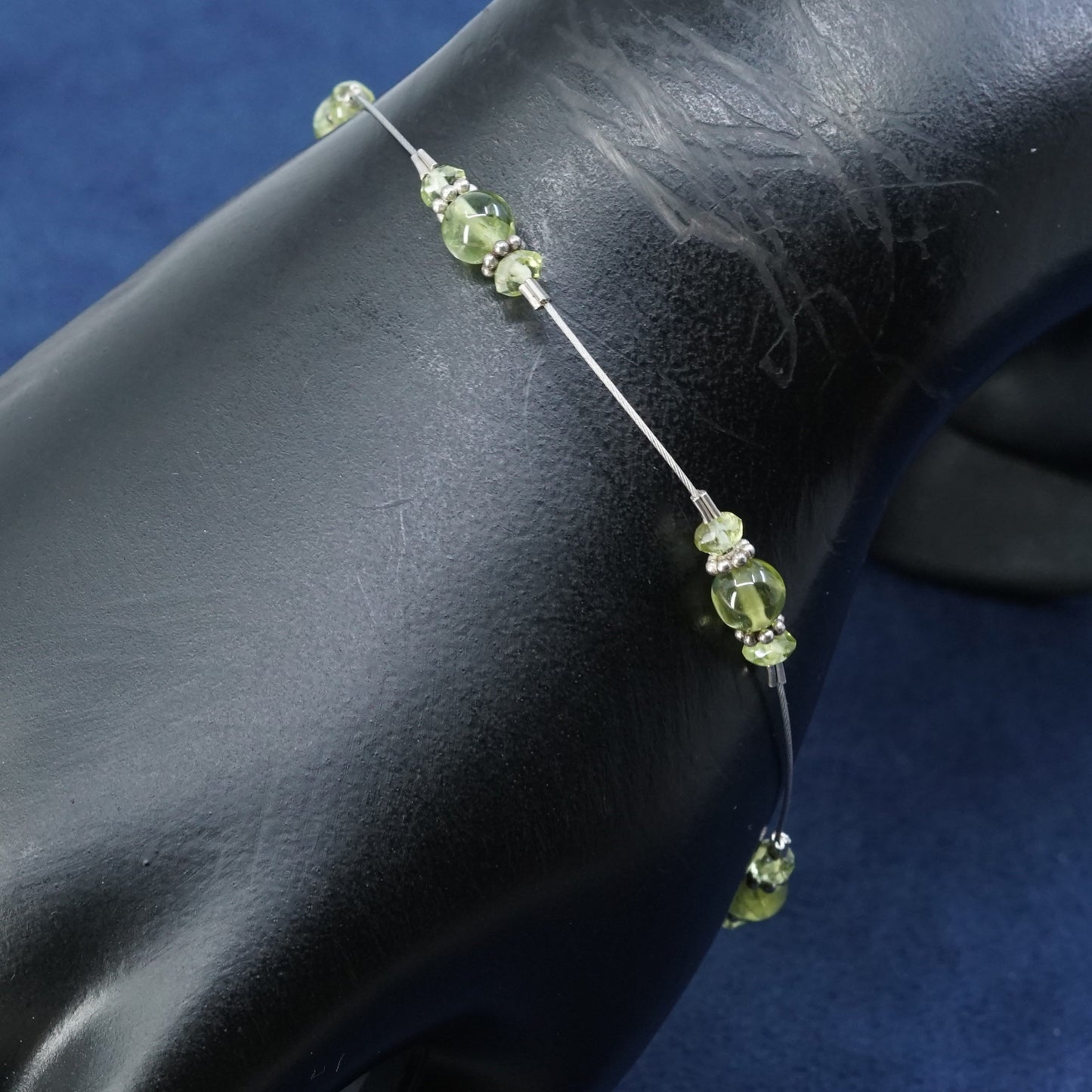8.5", Sterling silver handmade bracelet, stainless steel chain w/ peridot beads