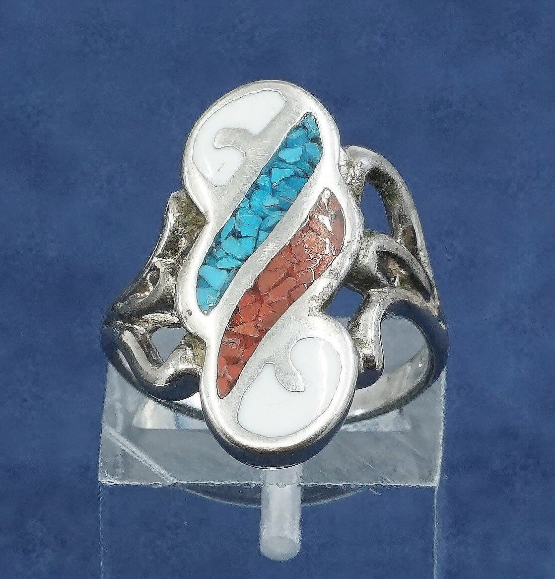 sz 5.25, Native American sterling 925 silver handmade ring w/ turquoise coral