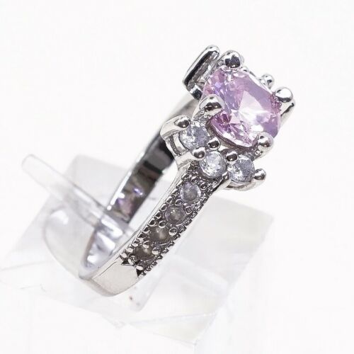 Sz 6.5, Vtg Sterling 925 Silver Ring W/ Pink Heart Cz Inlay, Stamped 925