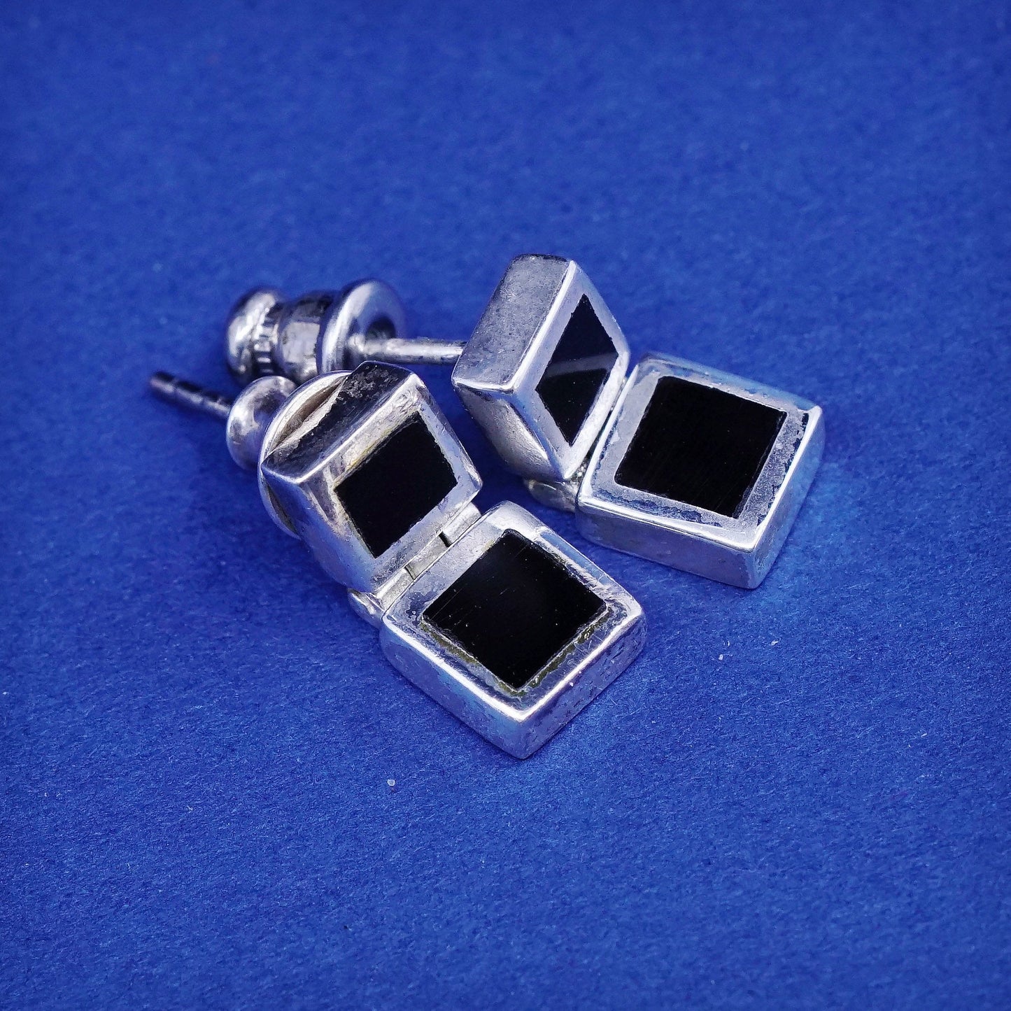 Vintage Sterling silver handmade Square earrings with obsidian