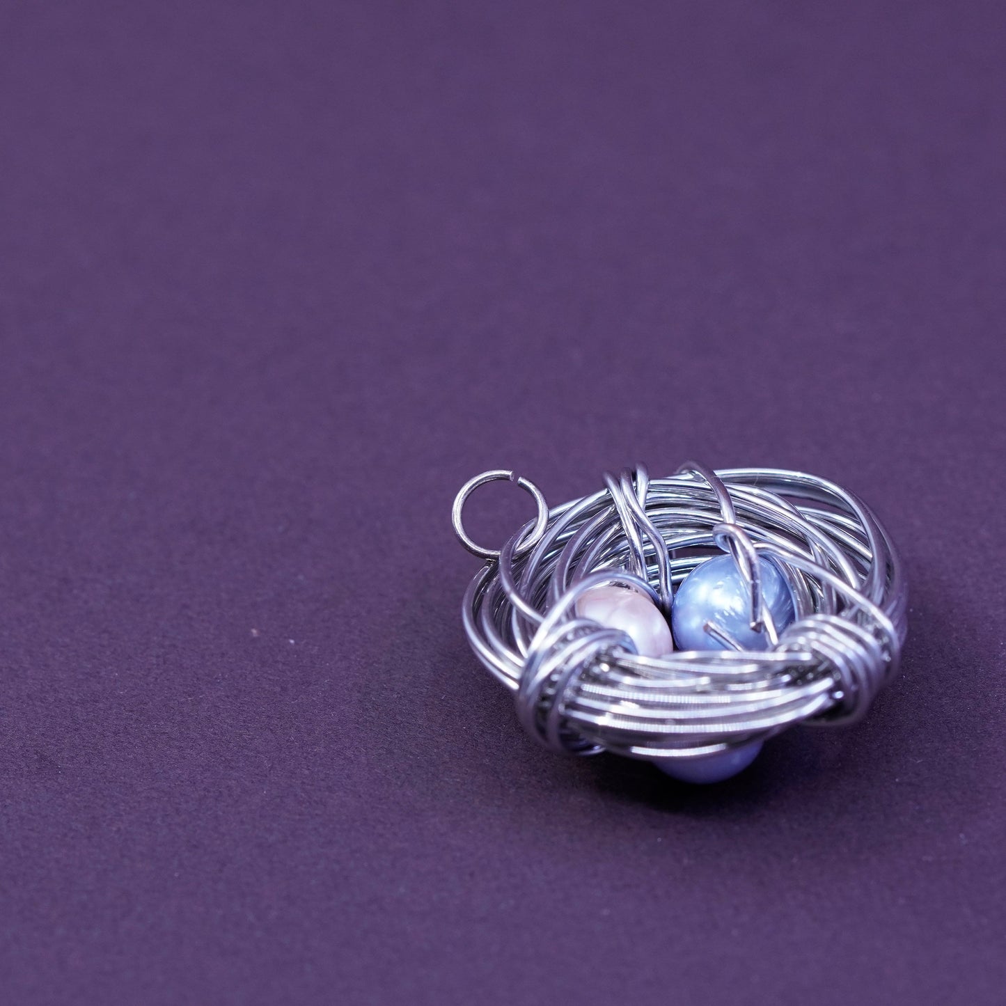 Vintage silver tone handmade pendant, wired bird nest with faux pearl