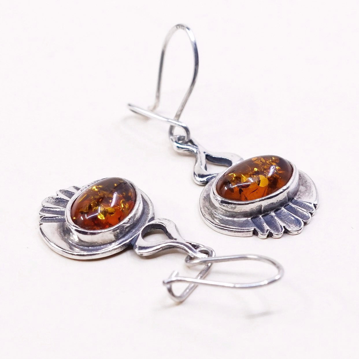 Sterling 925 silver handmade earrings w/ amber inlay, silver tested