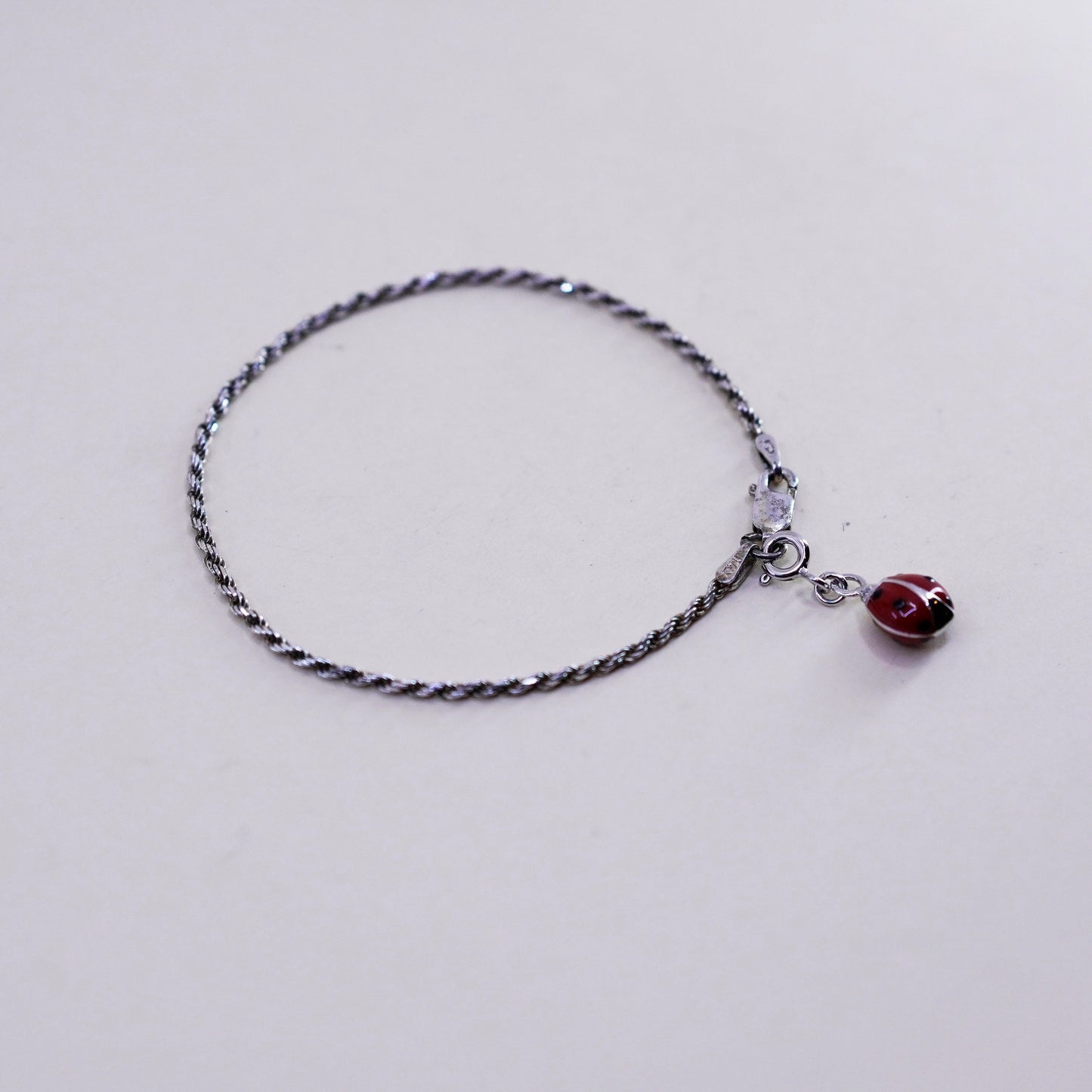 6.75”, sterling silver bracelet, Italy 925 rope chain enamel lady bug charm