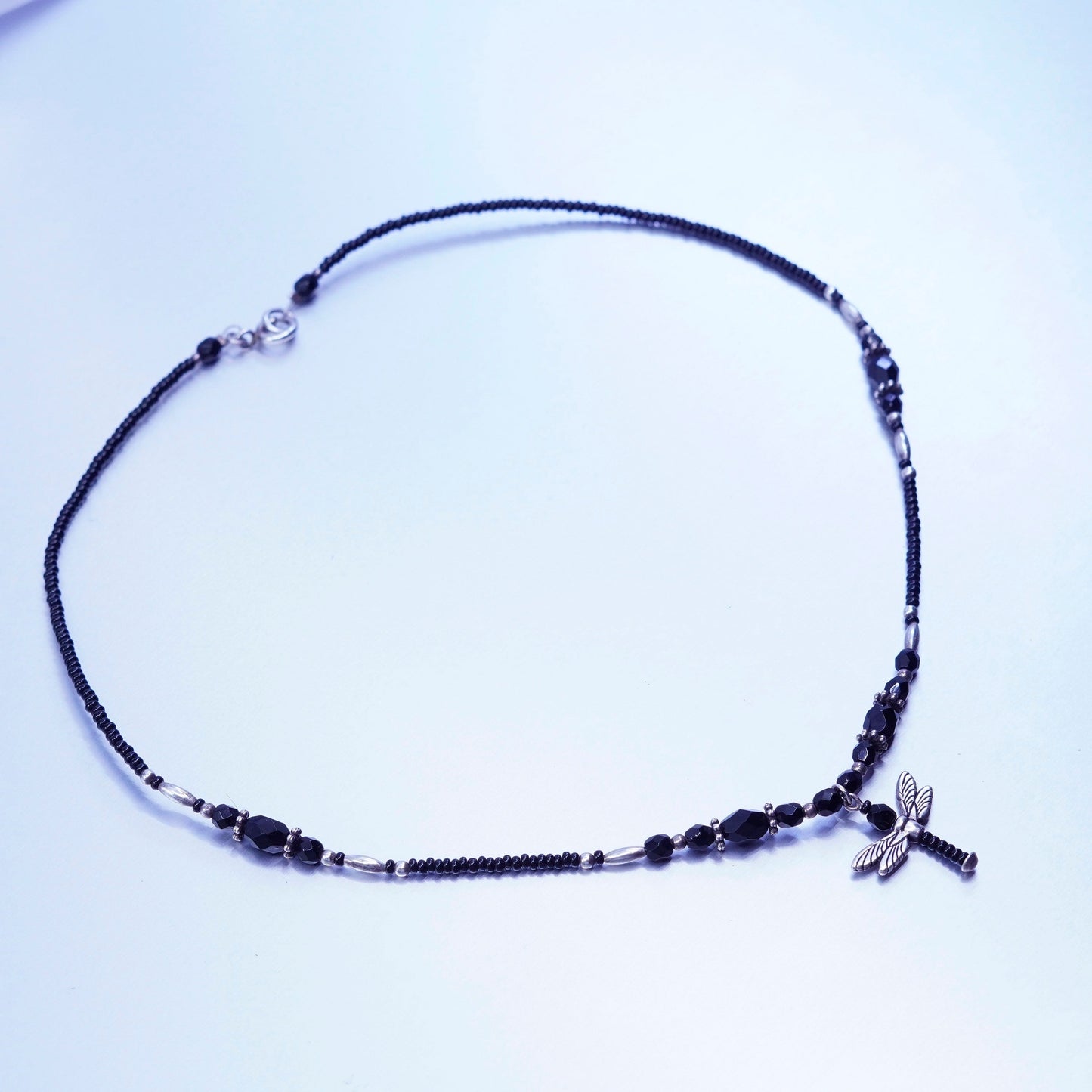 18”, vintage obsidian beads necklace with Sterling 925 silver dragonfly pendant