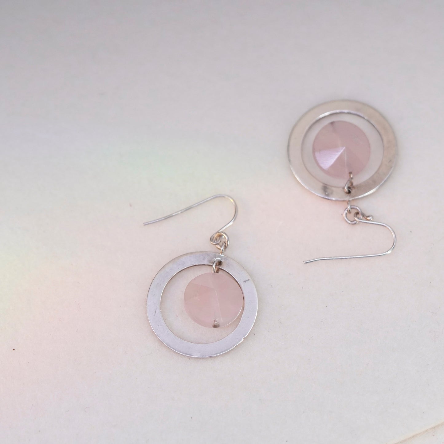 Vintage Sterling 925 silver handmade round earrings with pink rose quartz