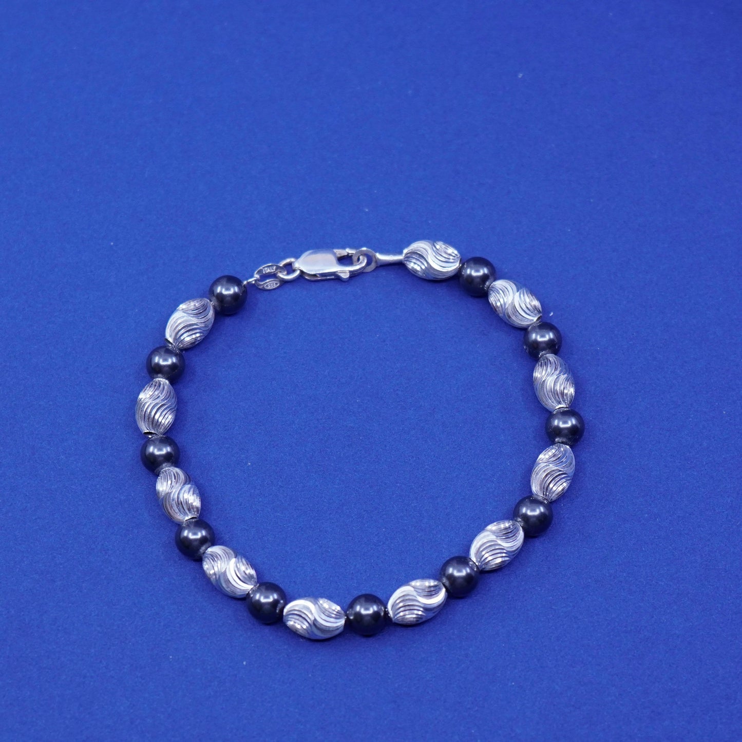 7”, vintage Sterling silver handmade bracelet, 925 swirl beads with hematite
