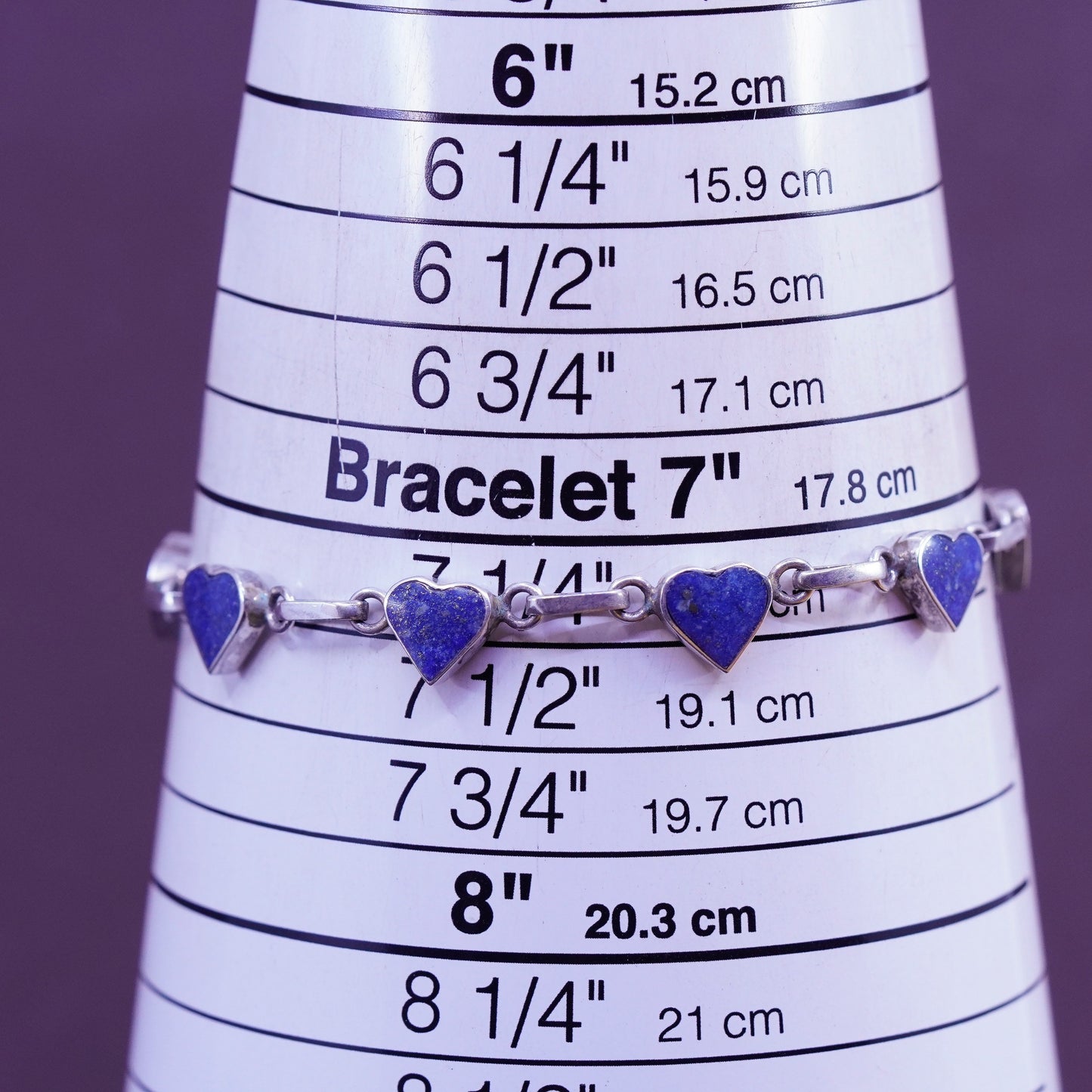 7.25”, vintage Sterling silver handmade bracelet, 970 chain lapis lazuli heart