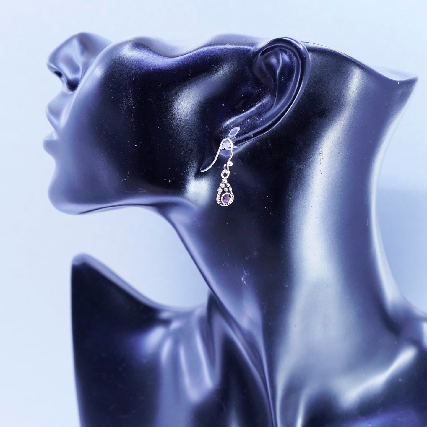 Vintage Sterling 925 silver earrings with purple crystal and cable around
