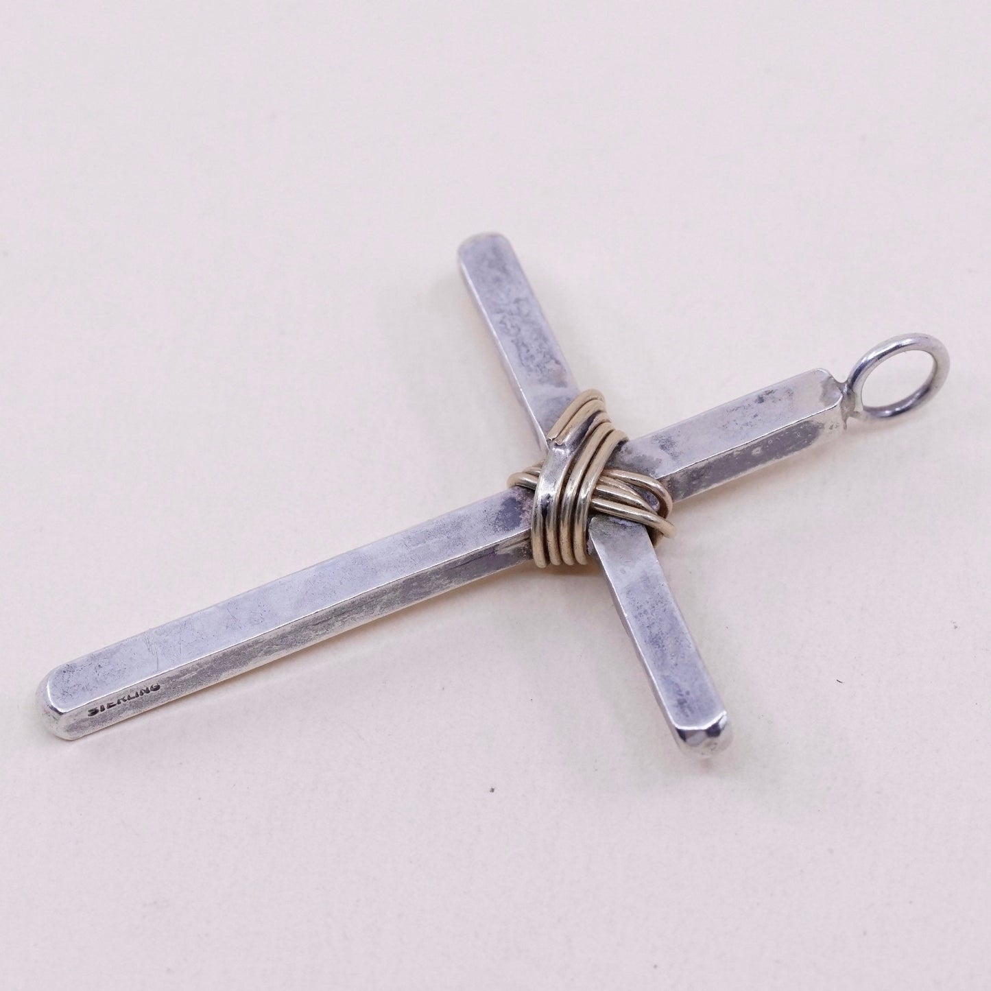 Vintage handmade Sterling silver pendant, 925 cross with brass wired
