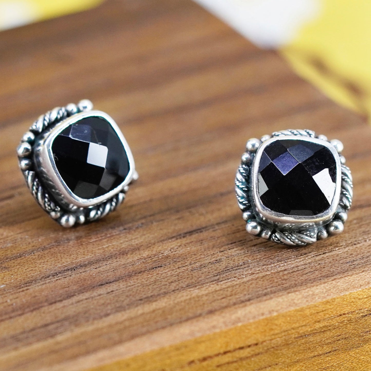 Lori Bonn Sterling Silver Handmade earrings, square 925 studs checker obsidian