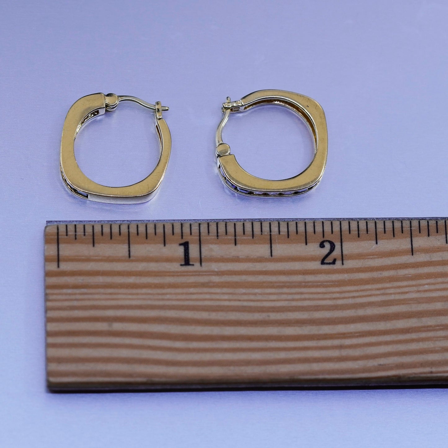 0.75”, vermeil gold over Sterling silver earrings, square 925 hoops sapphire cz