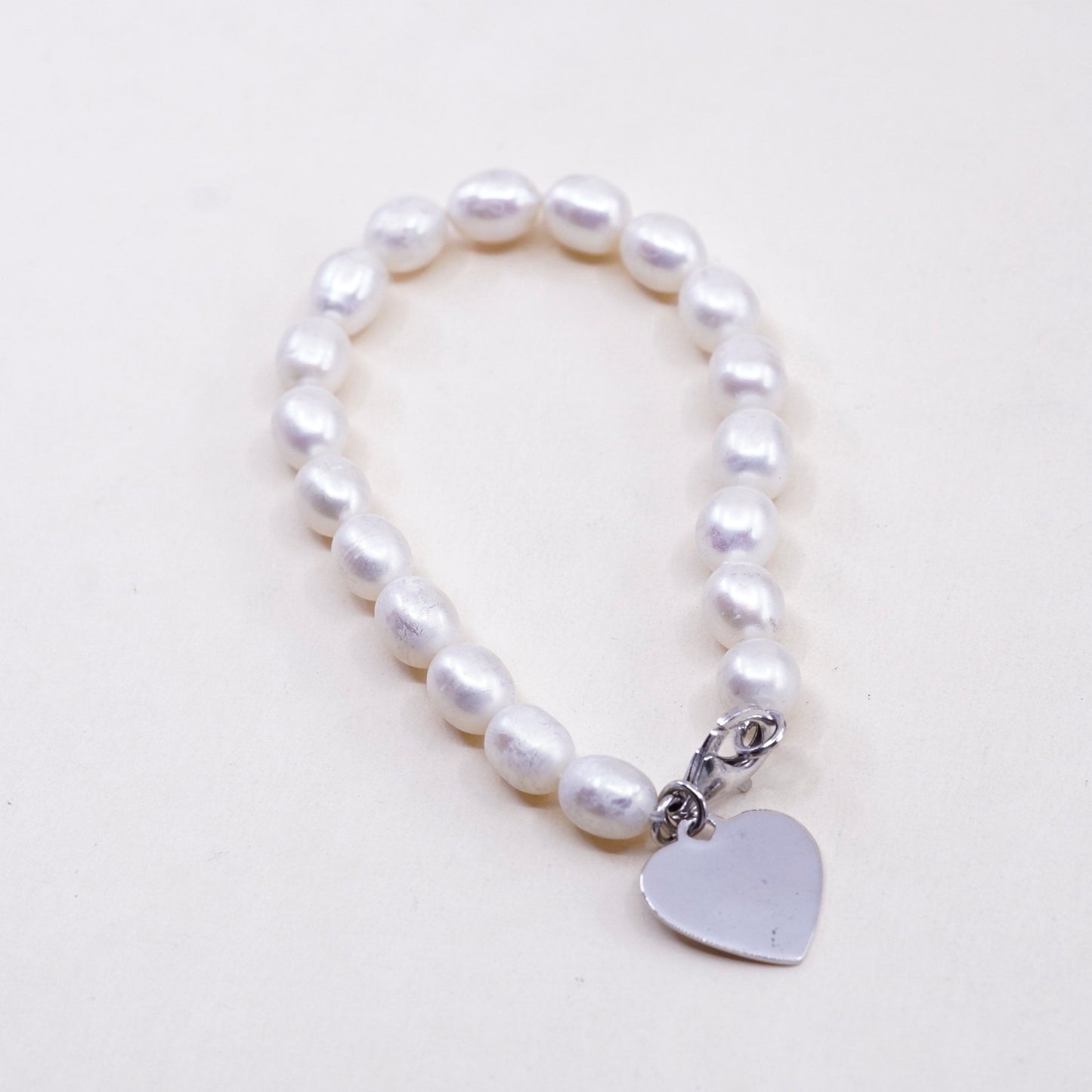 7”, vtg sterling silver bracelet, pearl beads with 925 heart charm “I am loved