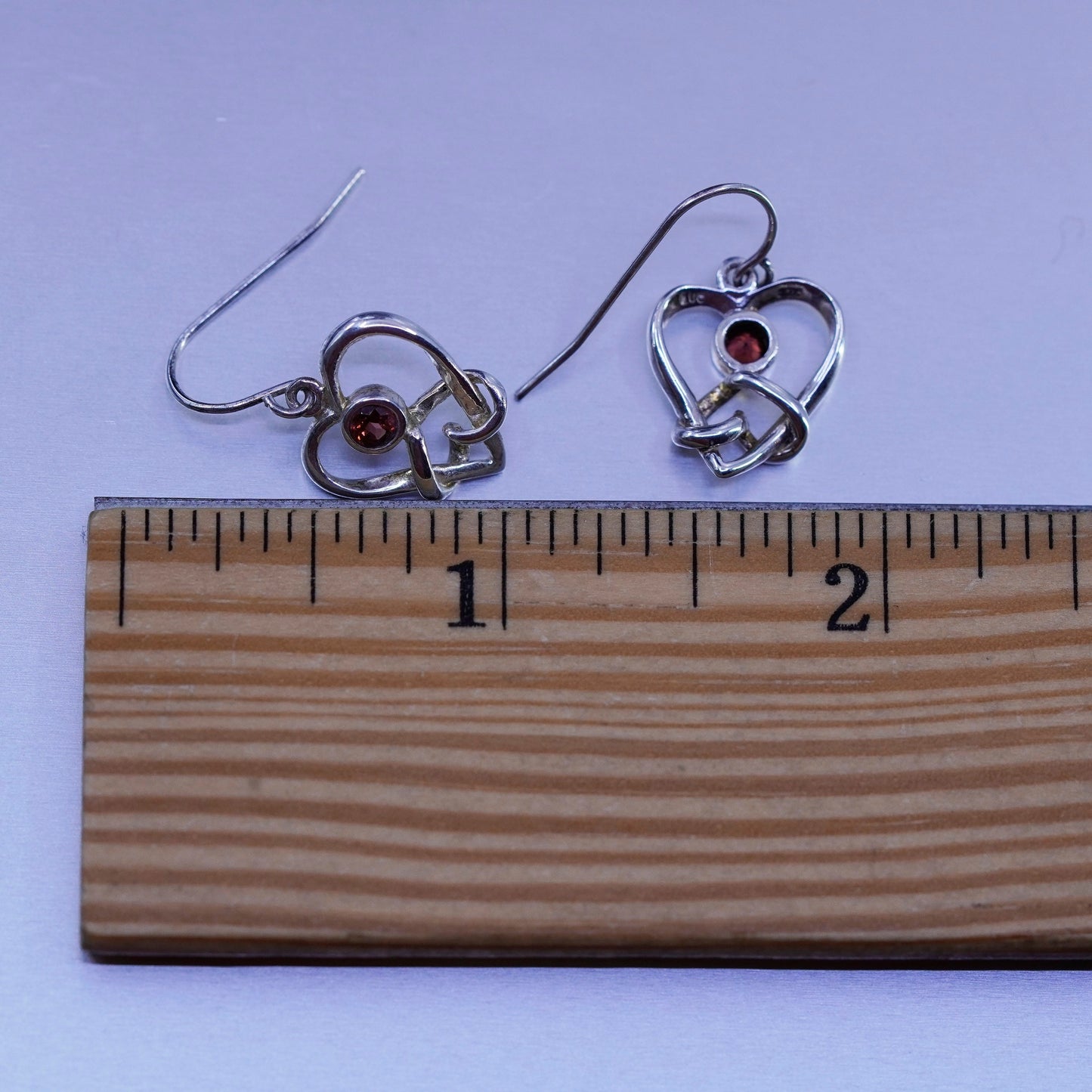 Vintage Sterling 925 silver earrings with heart knot and ruby