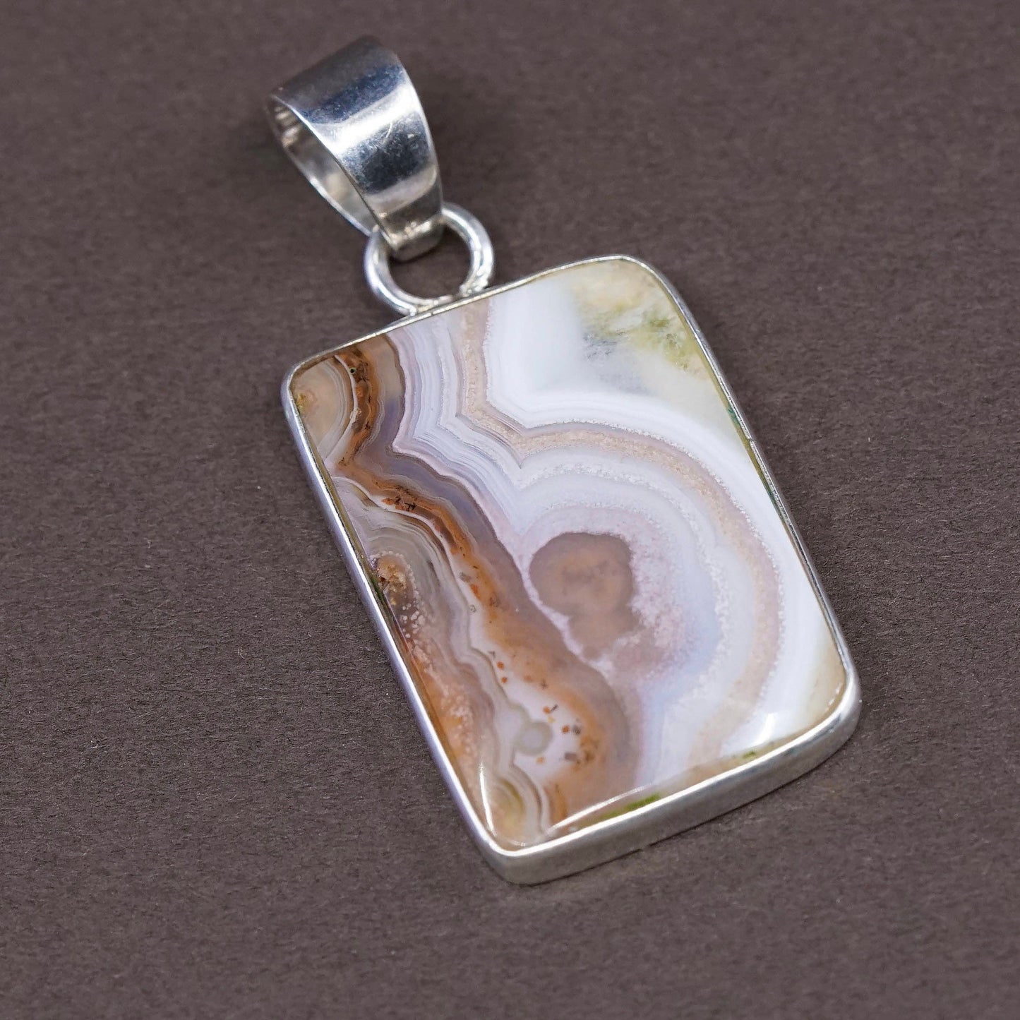 Vintage Sterling silver handmade pendant, square 925 pendant w/ lace agate
