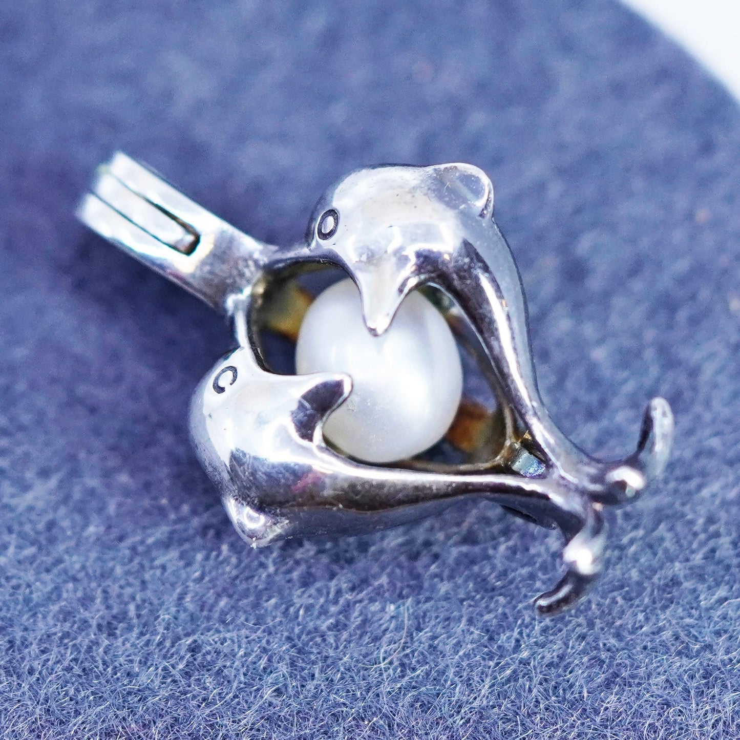 Vintage sterling 925 silver pearl heart dolphin cage pendant with pearl