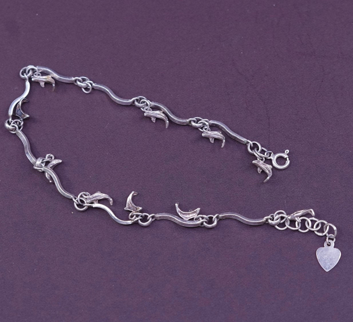 7.75"+1”, vtg Sterling silver bracelet, Italy 925 wavy bar n dolphin charms