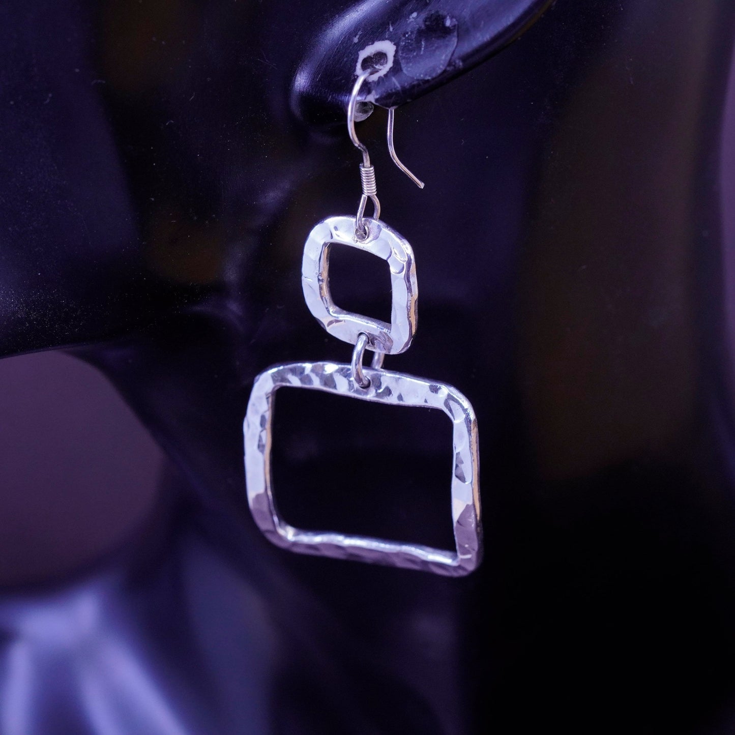 Vintage Mexico Sterling silver handmade earrings, 925 Hammered square dangles