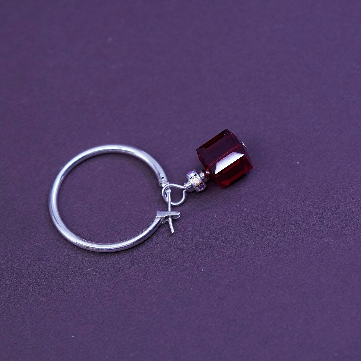 0.75”, vtg Sterling silver handmade hoops, 925 earrings with ruby cube and Cz