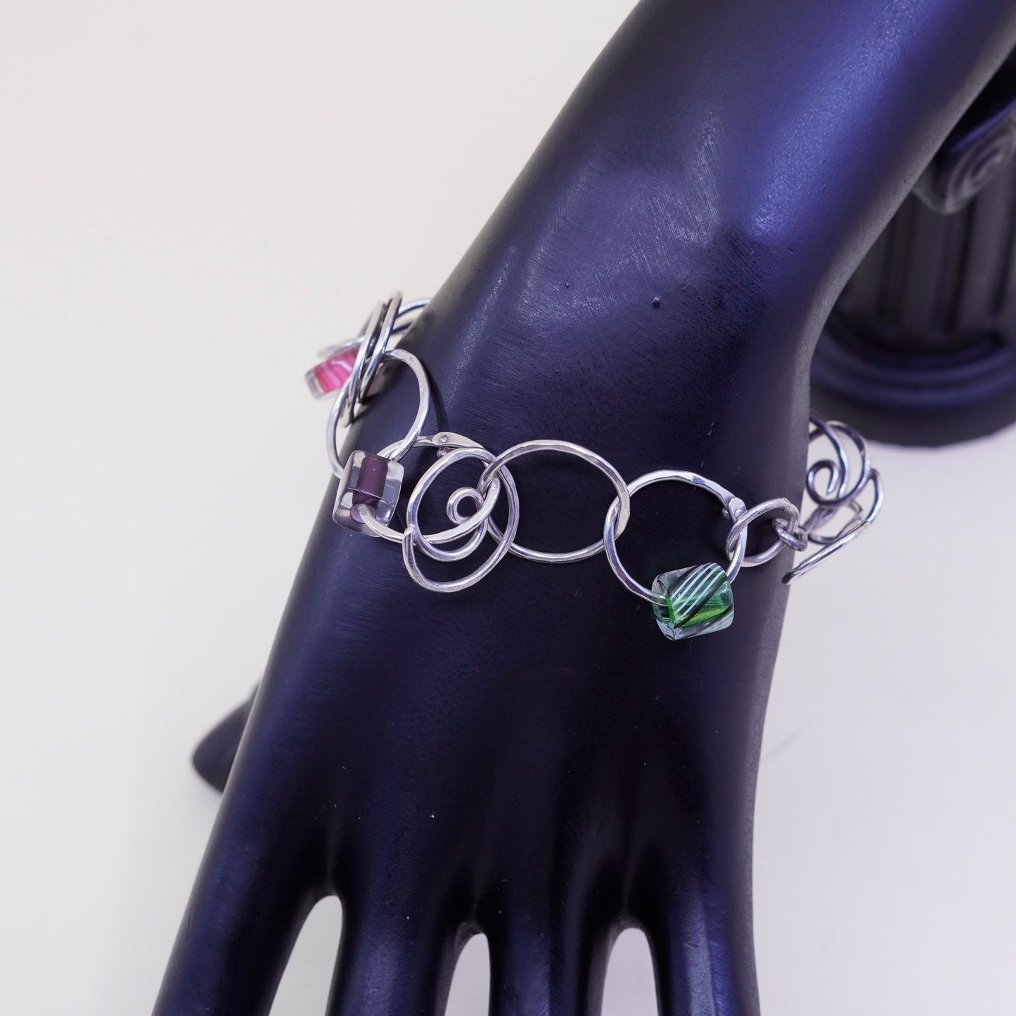 6”, 925 Sterling silver swirl circle bracelet with artisan colorful glass beads
