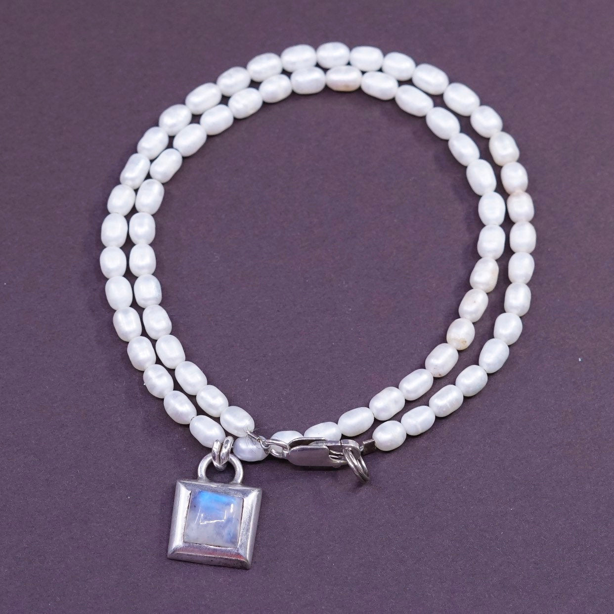 14", Sterling silver handmade necklace, 925 pendant w/ moonstone N pearl bead