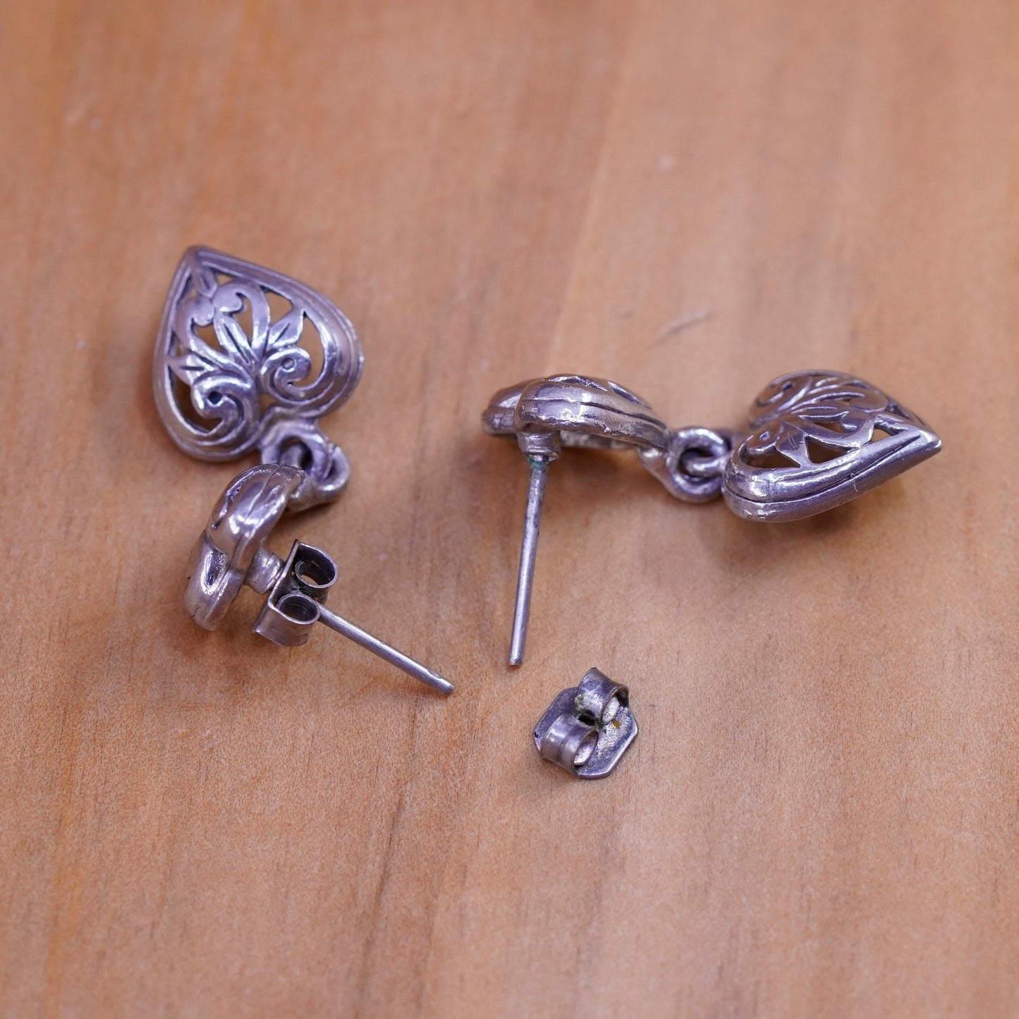 Vintage Sterling silver handmade earrings, 925 filigree heart drops
