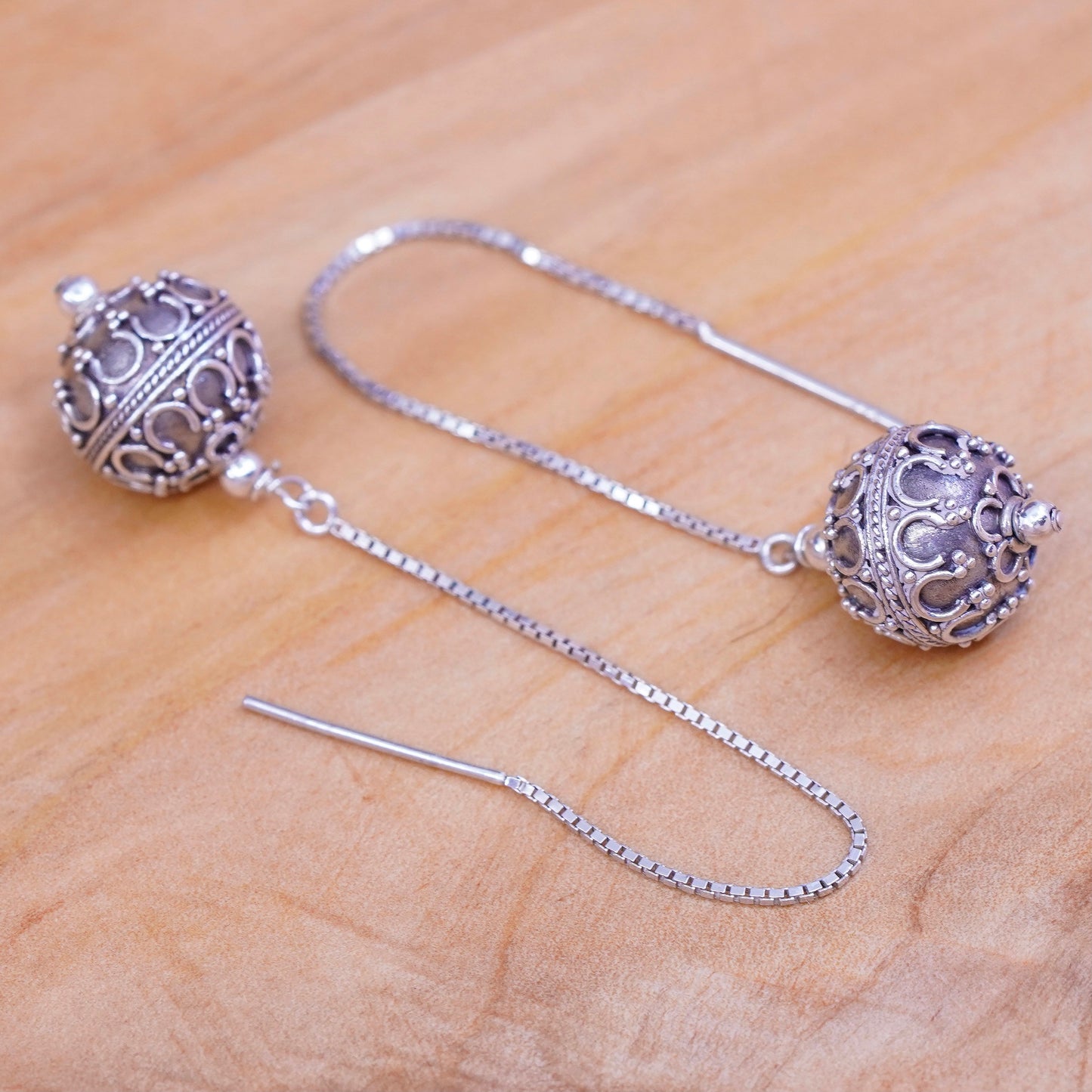 Vintage Sterling silver handmade earrings, long 925 box chain with bali beads