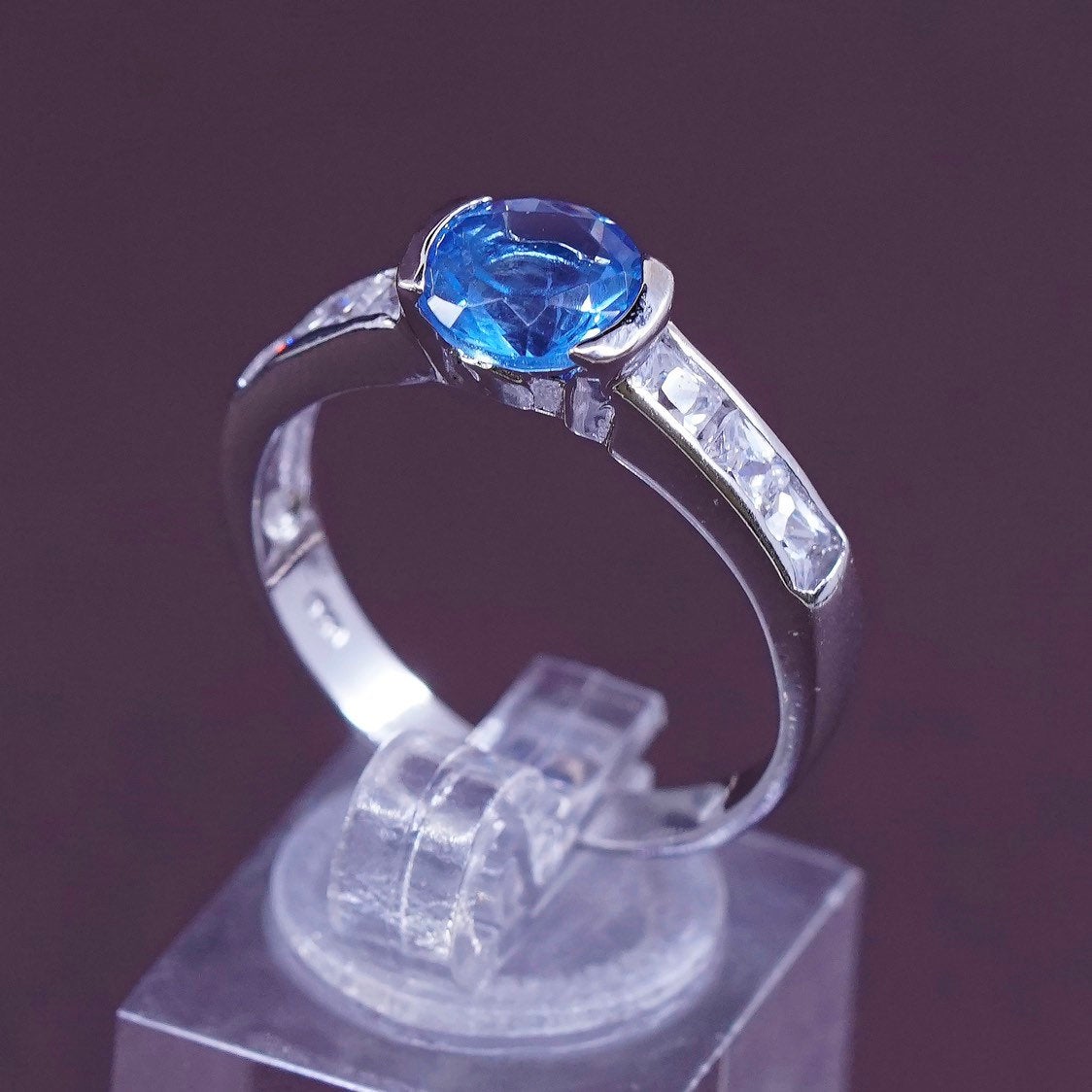 Size 9.5, vtg Sterling silver engagement ring, solid 925 w/ blue topaz and cz