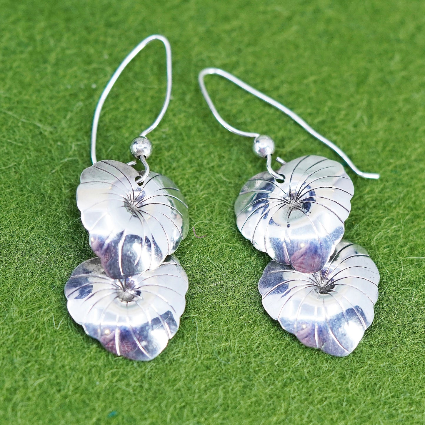 Vintage Sterling silver handmade earrings, geometric drops, leaf drops