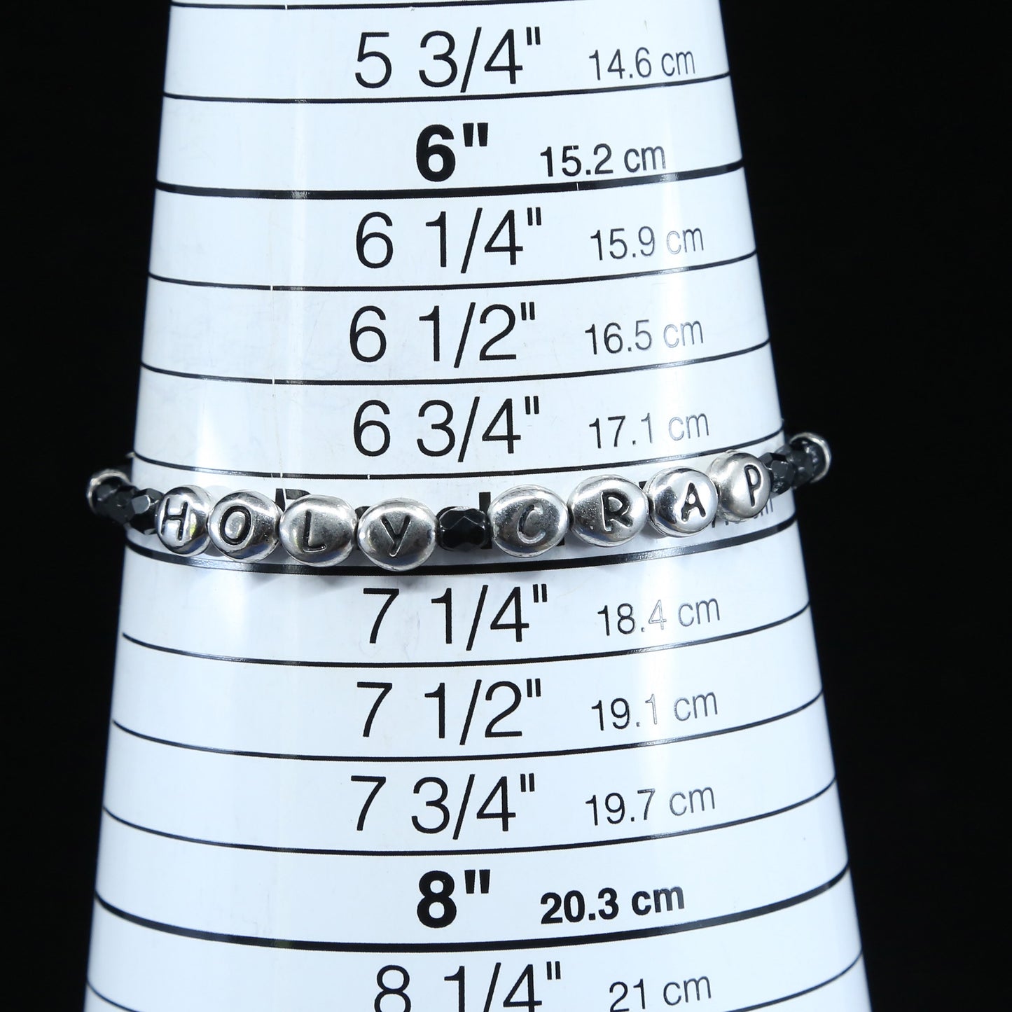 7”, vtg sterling 925 silver handmade bracelet “holy crap” w/ obsidian beads