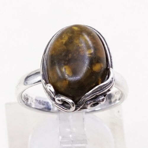 Sz 7, Vtg Orange Amber Sterling 925 Silver Handmade Ring, Stamped 925